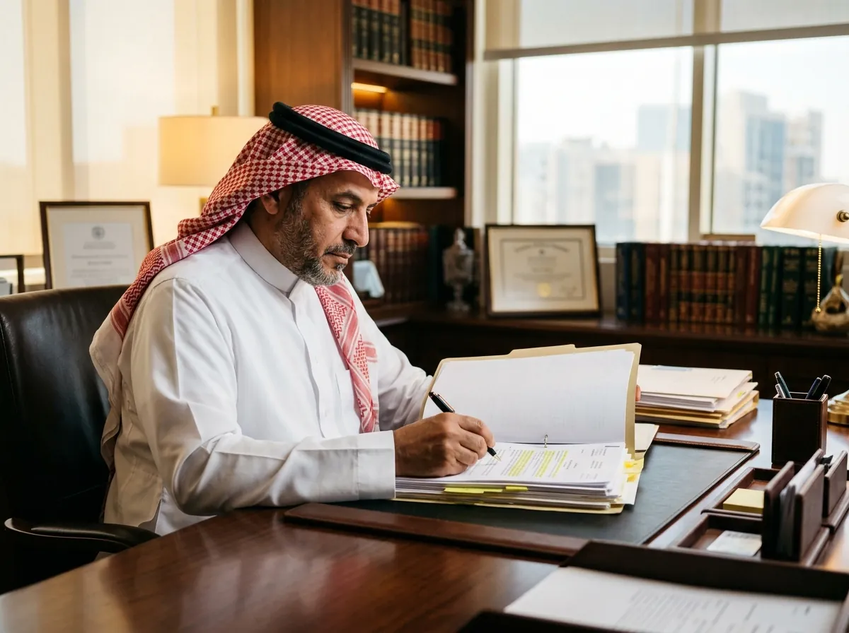 محامٍ سعودي يعمل على قضية في مكتب محاماة بالرياض